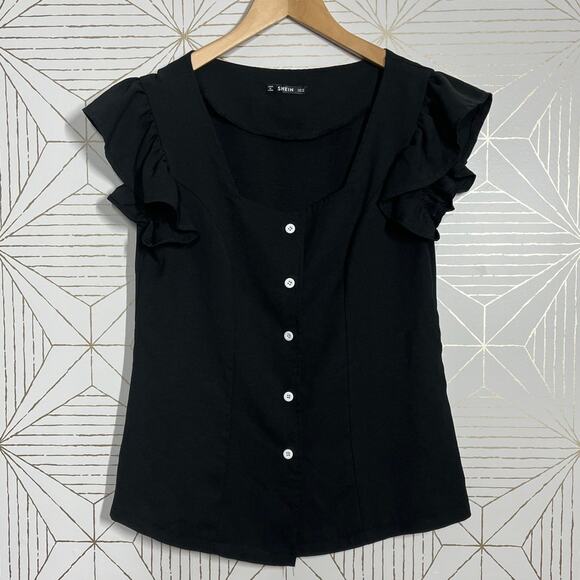Shein Black Blouse Square Neckline Short Ruffle Sleeves Size Medium - Picture 8 of 9